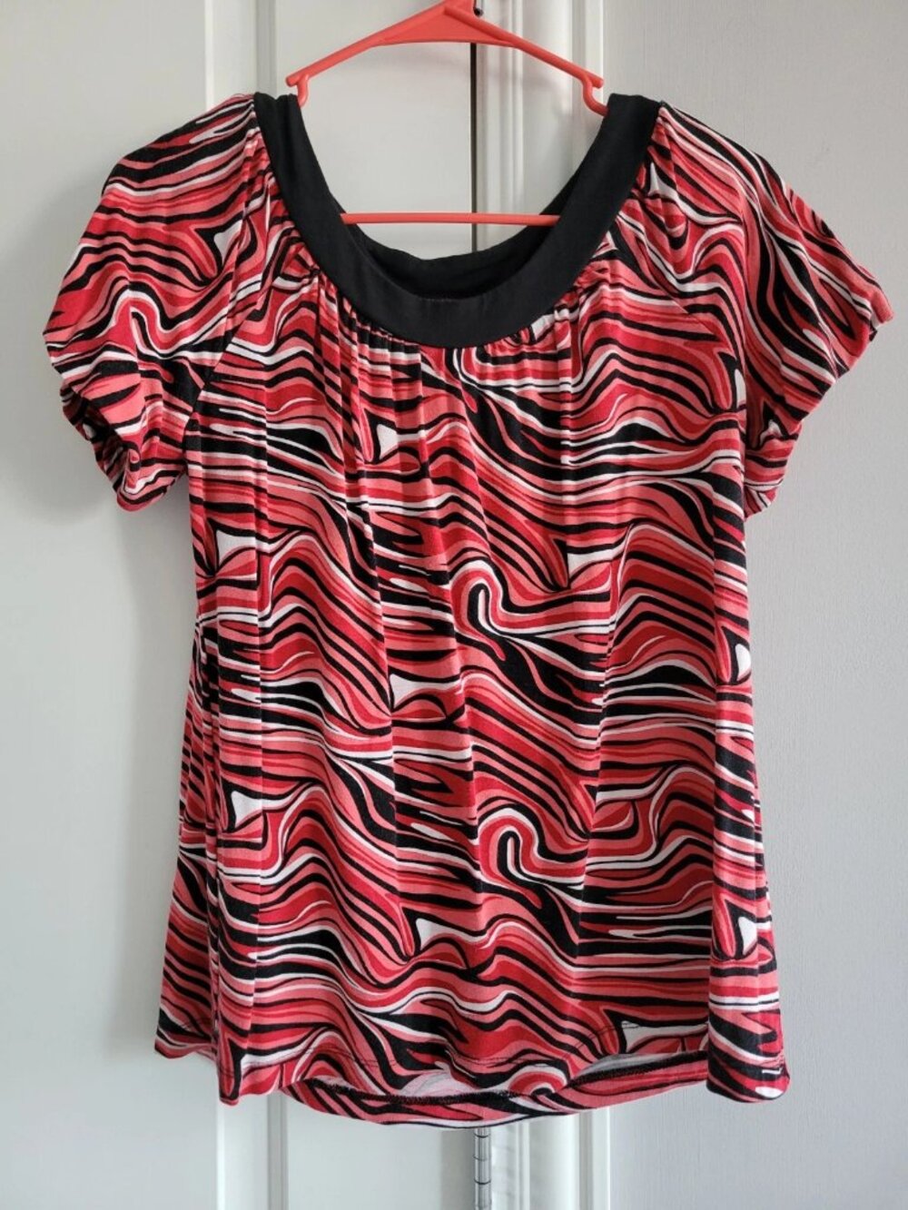 Style & Co Womens Petite L Short Sleeve Knit Red Multicolor Swirl Round Neck Top
